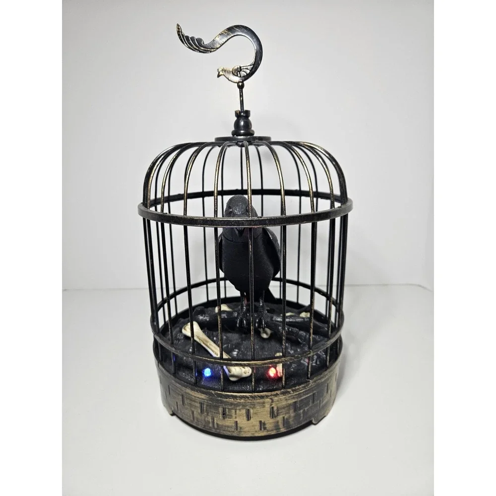 Talking Raven Crow Bird Cage Halloween Prop Decor Home Accents Holiday Animated